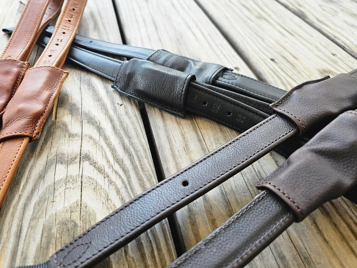 Luxury Mono Stirrup Leathers in Black, Chocolate & Tobacco 80 cm